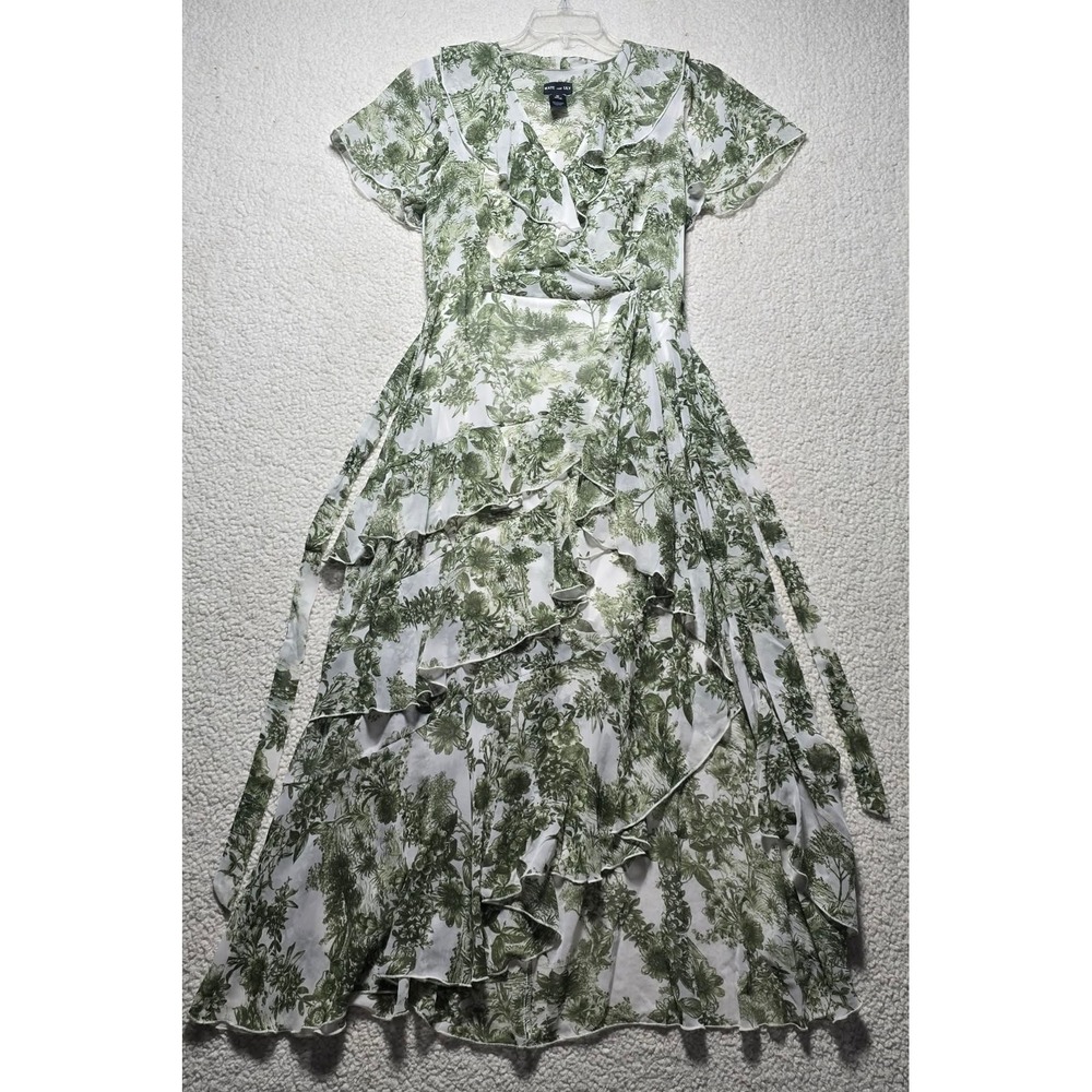 Kate and Lily Green Toile Floral Ruffle Wrap Midi Dress Sz 10 Cottagecore 15432